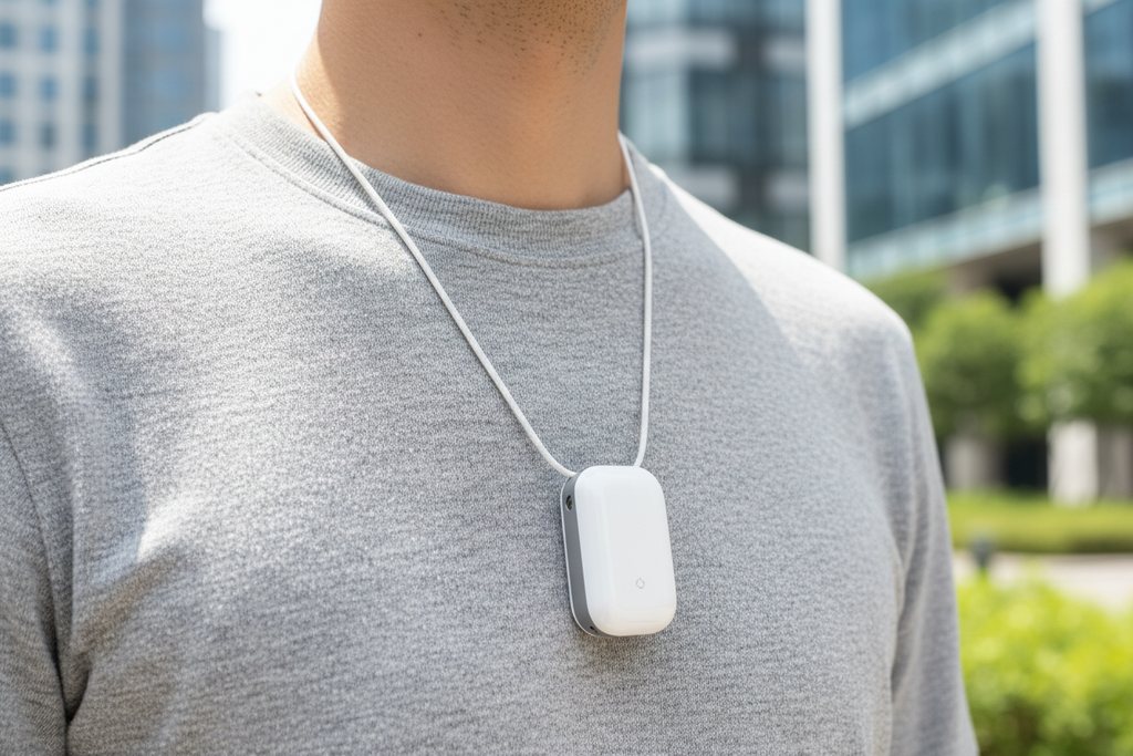 A modern portable mini air purifier necklace in white color, wearable ionizer device worn around neck, sleek minimalist design, person wearing it outdoors in urban environment, product photography, professional lighting, clean background