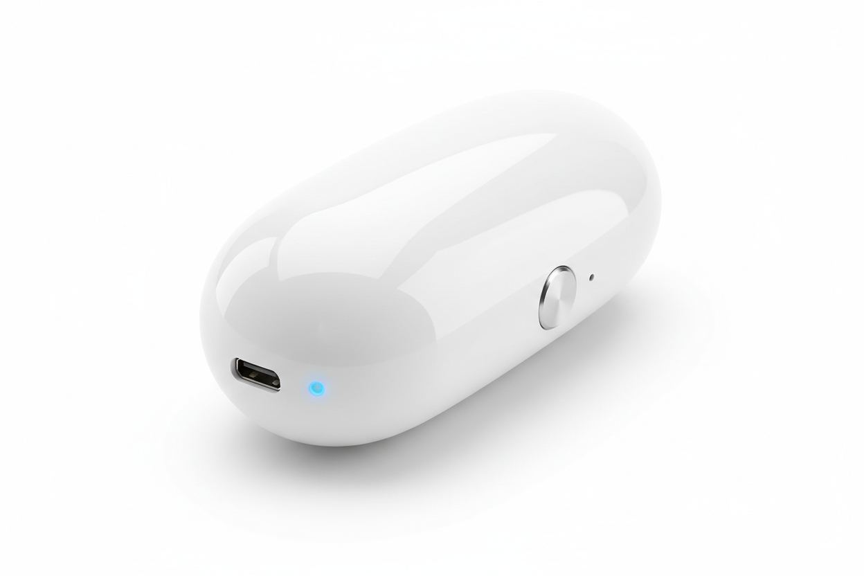 Close-up product photography of portable air purifier necklace device, white sleek design, showing USB charging port and power button details, isolated on white background, studio lighting, professional product shot, high quality