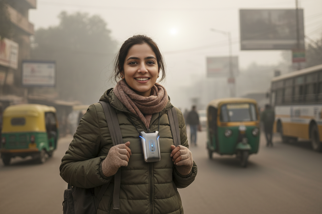 Lifestyle photo of young woman wearing portable air purifier necklace while commuting in polluted city, Delhi NCR urban setting, smiling confidently, winter season, air quality protection, modern health-conscious lifestyle, natural lighting